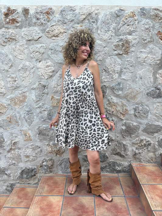 VESTIDO CORTO ANIMAL PRINT MARRÓN