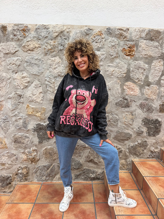 SUDADERA CON CAPUCHA Y OSO ROSA