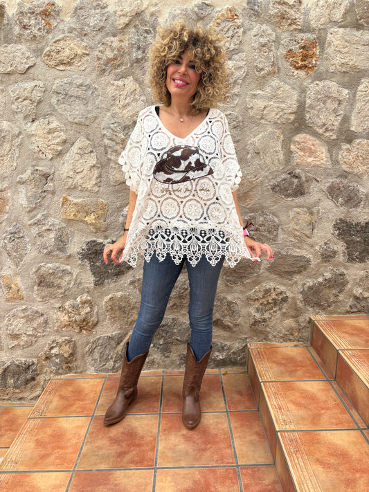 CAMISA ENCAJE CON ESTAMPADO VAQUERO