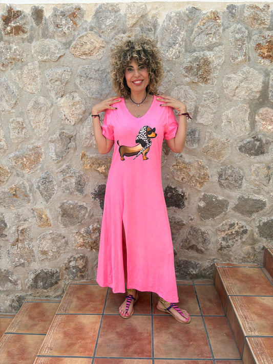 VESTIDO FUCSIA  CON ESTAMPADO PERRO